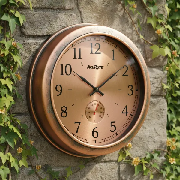Close-up of AcuRite outdoor clock showing accurate time and thermometer reading
