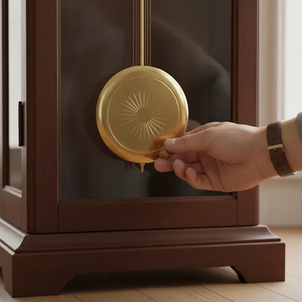 A person's hand carefully turning the adjustment nut at the bottom of a pendulum clock's bob.