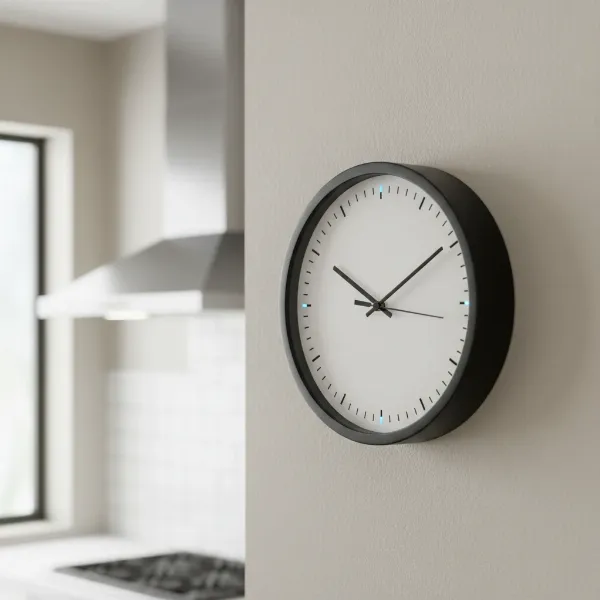 Close-up of an Amazon Echo Wall Clock showing its minimalist design and LED indicators.