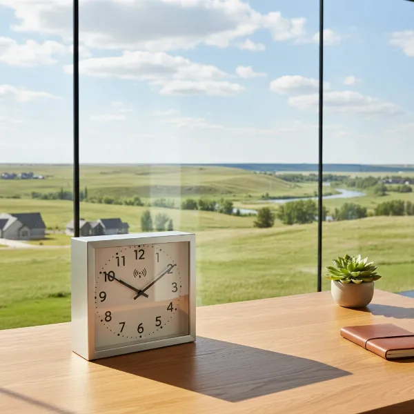 Atomic wall clock placed on a desk near a window for optimal signal reception.
