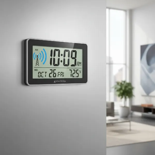 La Crosse Technology atomic clock receiving WWVB radio signal for precise time synchronization.