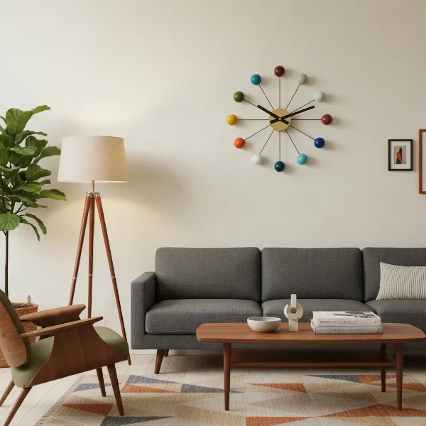 George Nelson Ball Clock as a focal point in a mid-century modern living room, complementing the decor.