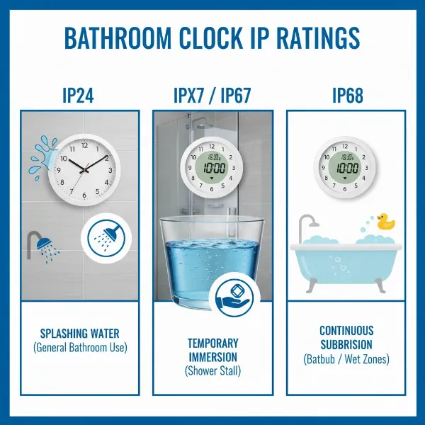 Infographic explaining IP ratings (IP24, IPX7, IP67, IP68) for bathroom clock water resistance.