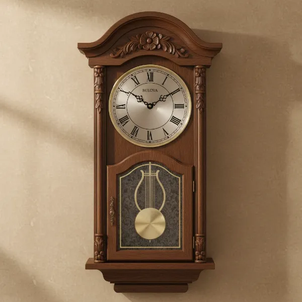 Bulova C3542 Cranbrook wall clock with Old World Walnut finish, Roman numerals, and pendulum.