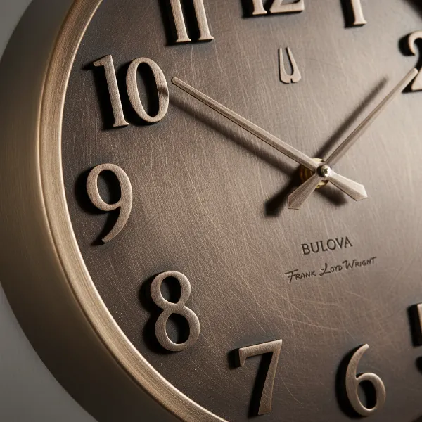 Close-up of Bulova Frank Lloyd Wright Exhibition Wall Clock face with unique numerals