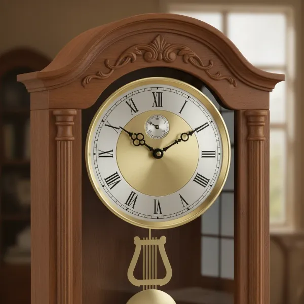 Close-up of Bulova Hartwick clock showing walnut finish, pilasters, and two-tone metal dial.