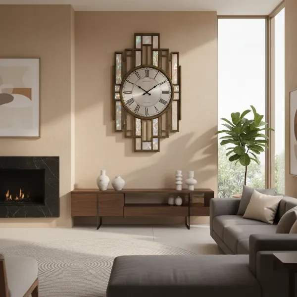 Bulova C4834 Luxfer Prism wall clock mounted on a wall in a modern living room