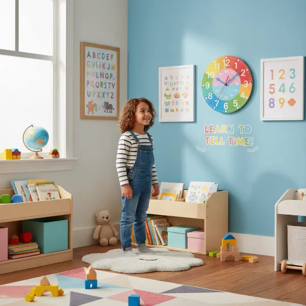 A young child interactively learning time with a vibrant wall clock integrated into their colorful room decor.