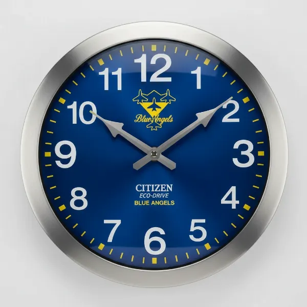 Citizen Gallery Outdoor Wall Clock with Blue Angels design, vibrant blue and yellow accents.