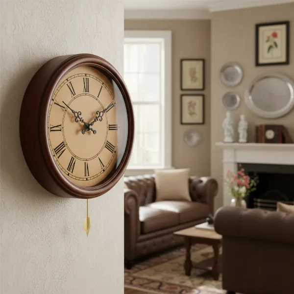 Elegant analog wall clock with dark wooden frame and classic Roman numerals on a light-colored living room wall.