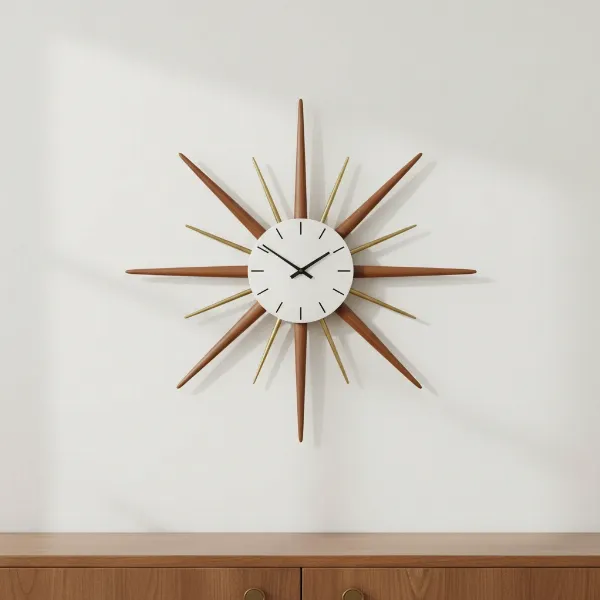 A classic mid-century modern sunburst clock with radiating wooden and brass spokes on a wall.