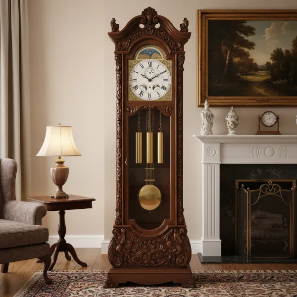 A tall, ornate classic wooden grandfather clock with a visible pendulum and brass weights.