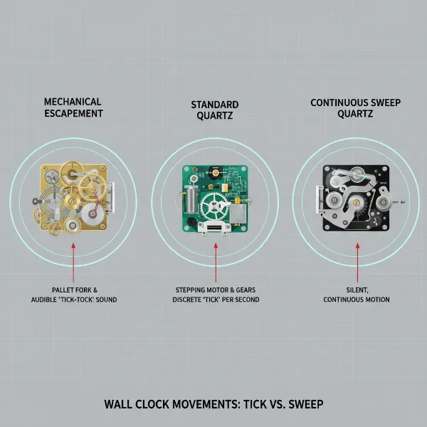 Detailed comparison of mechanical, standard quartz, and continuous sweep quartz clock movements.