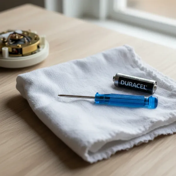 Tools for fixing wall clock hands: soft cloth, small screwdriver, new battery.