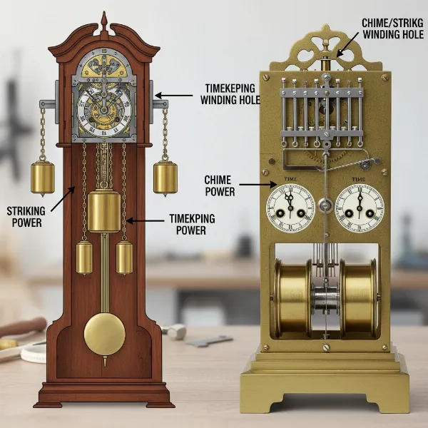 Diagram illustrating winding mechanisms for mechanical clock weights and springs.