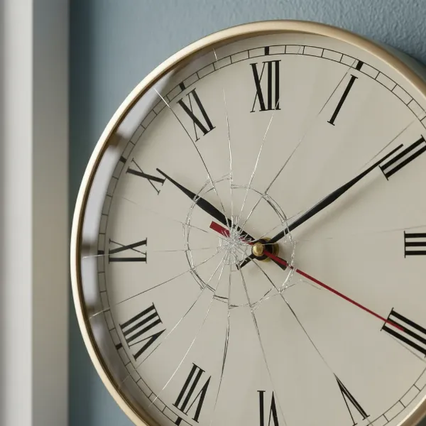 Close-up of a wall clock face with a visible crack, indicating damage assessment.