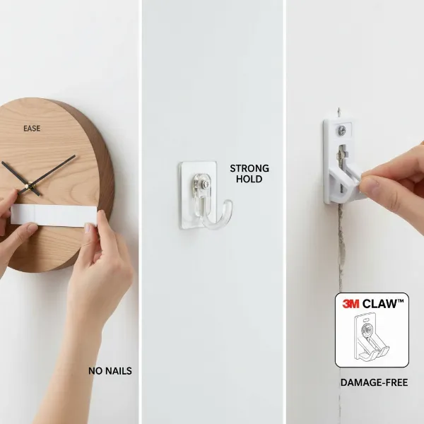 Illustrates various damage-free methods for hanging a wall clock, like adhesive hooks.