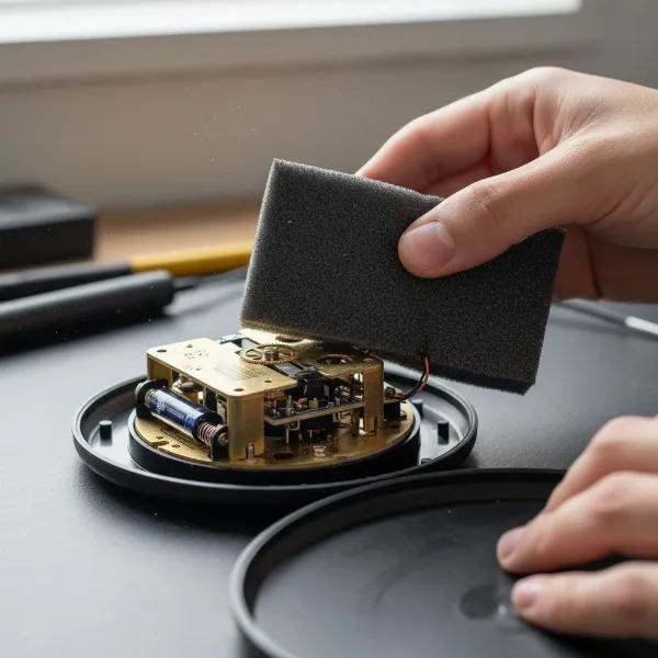 Hands applying acoustic foam to a wall clock's internal mechanism for sound dampening.
