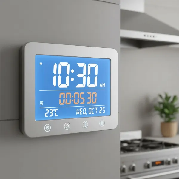 Close-up of a digital kitchen clock display showing time, countdown timer, temperature, and date.