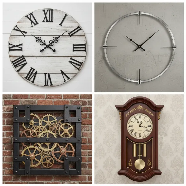 A collage of diverse large wall clocks showing different styles and materials.