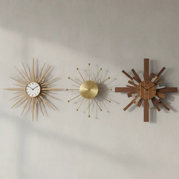 A collection of diverse sunburst clocks showcasing various materials like wood and metal and different ray designs.