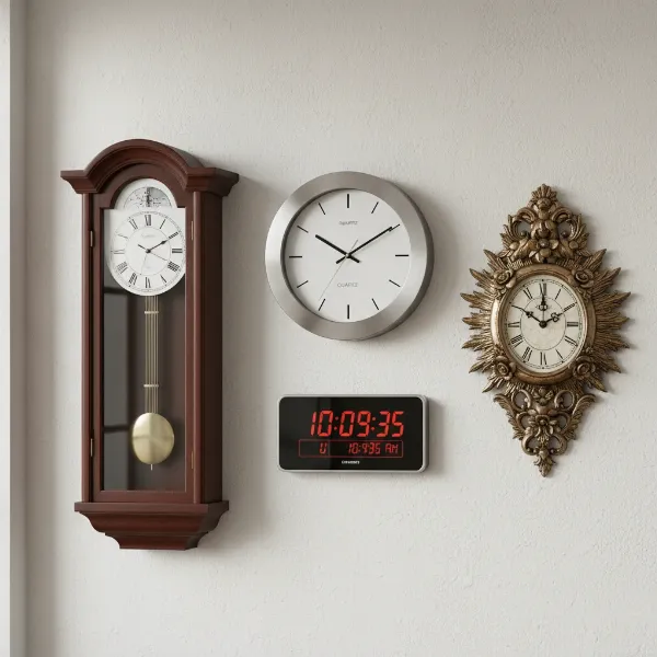 Various wall clock types displayed on a wall, showcasing different styles for modern homes