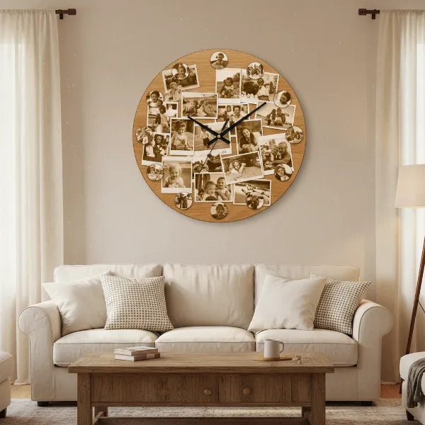 A beautifully crafted DIY photo wall clock displaying cherished family memories in a warm living room.