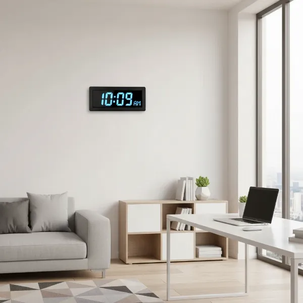 DreamSky large digital clock mounted on a wall in a modern living room or office setting.