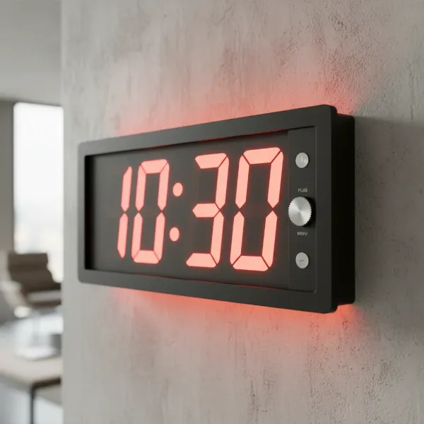 Close-up of DreamSky large digital wall clock showing jumbo LED digits and brightness control.