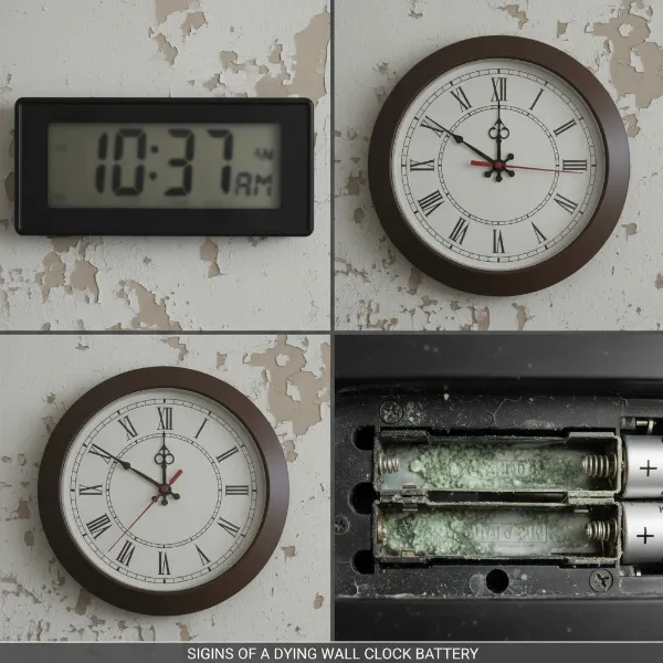 Visual indicators of a wall clock experiencing battery depletion and potential leakage.