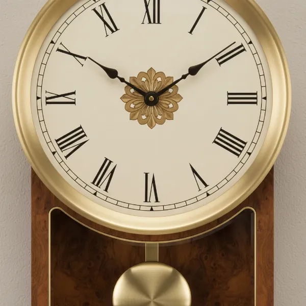 Howard Miller Earnest wall clock dial with Roman numerals and polished brass pendulum.