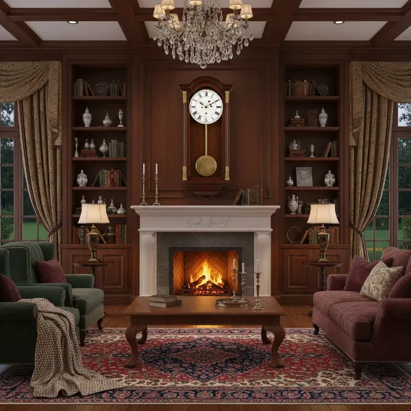 Elegant traditional pendulum wall clock as a focal point in a classic living room