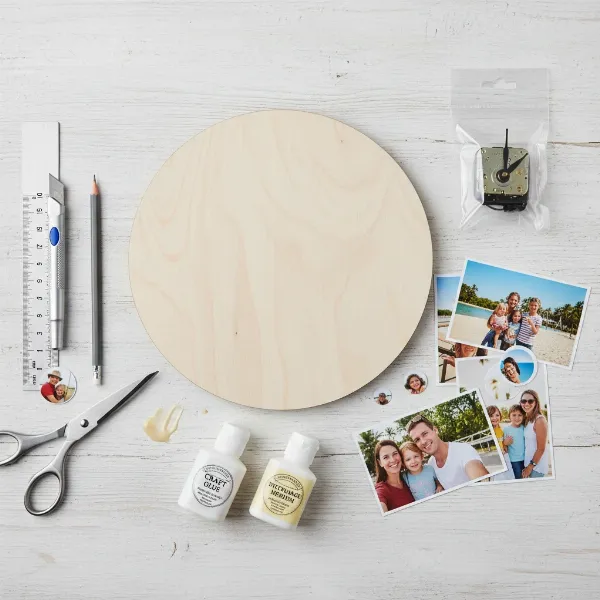 A flat lay of essential materials for crafting a DIY photo wall clock, including a quartz movement, base, photos, and tools.