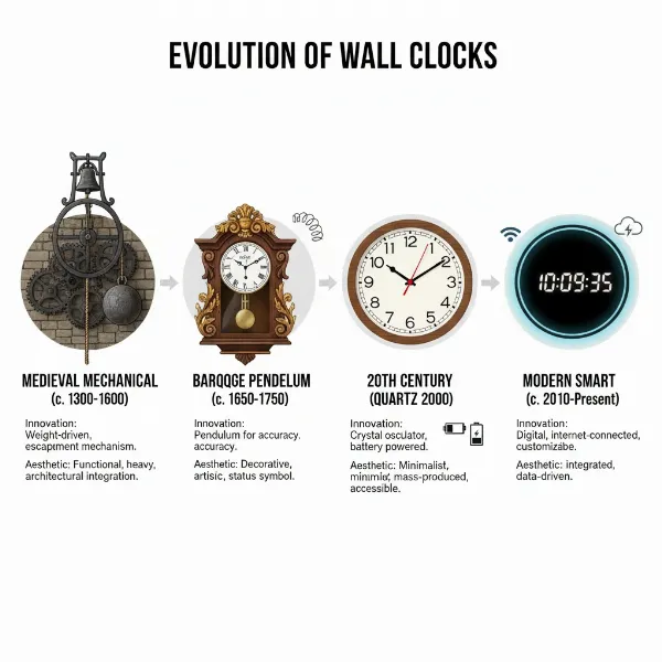 A visual timeline depicting the evolution of wall clock designs from medieval to modern eras.