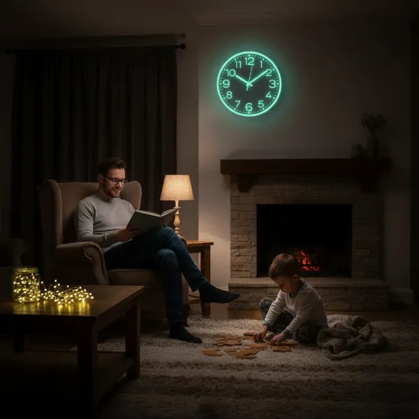 Family quietly using a glow in dark wall clock for time in soft ambient light.