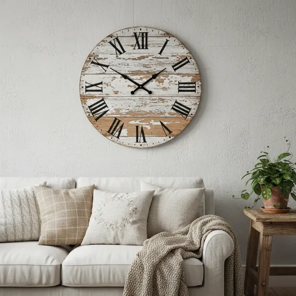 Rustic wood wall clock enhancing a farmhouse living room with layered textures and warm decor elements.