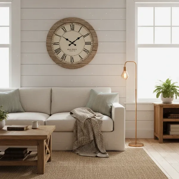 Rustic farmhouse wall clock on a weathered wall, integrating into a warm, inviting living space.