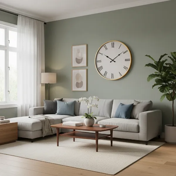 Elegant wall clock in a harmoniously designed living room, demonstrating auspicious Feng Shui placement.
