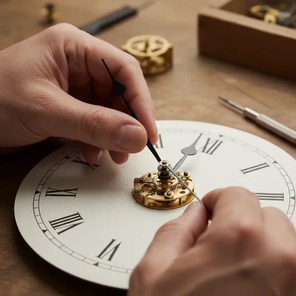 Hands carefully removing or reattaching wall clock hands for alignment.