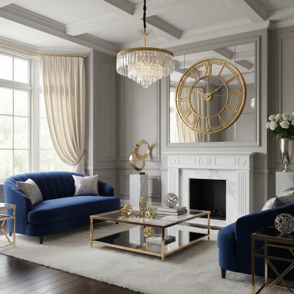 Large ornate mirrored wall clock reflecting light in a sophisticated glam living room.