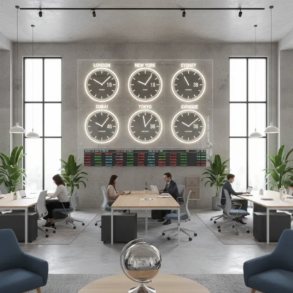 A sleek multi-time zone display on an office wall facilitating global team collaboration.