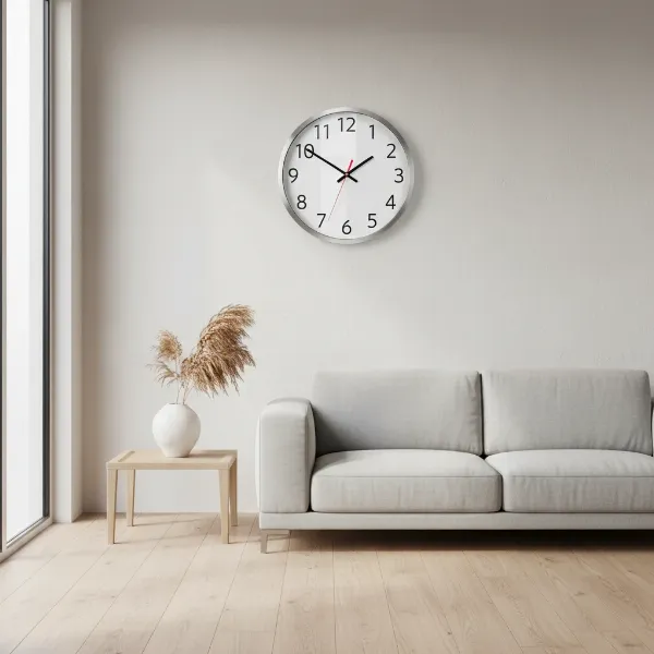 Hito silent non-ticking wall clock in a modern living room setting with minimalist decor.