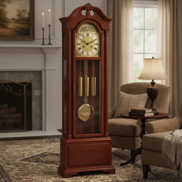 A tall, elegant Howard Miller grandfather clock made of dark wood with a detailed dial and pendulum.