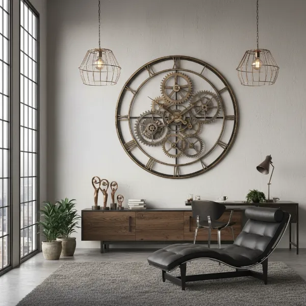 Large industrial moving gear wall clock as a focal point in a modern living room.