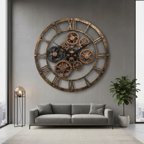 A large industrial-style statement wall clock with exposed gears and Roman numerals.
