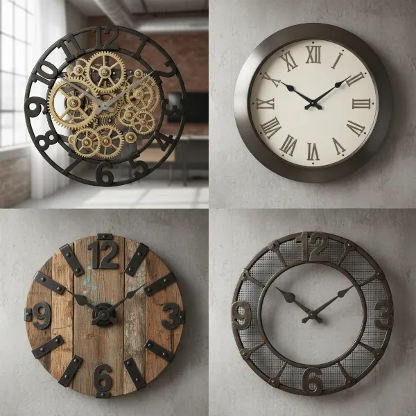 Diverse industrial wall clocks: exposed gears, metal, reclaimed wood, oversized, in modern loft.