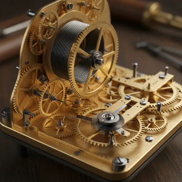 Close-up of intricate mechanical clock movement showing gears, springs, and escapement system.
