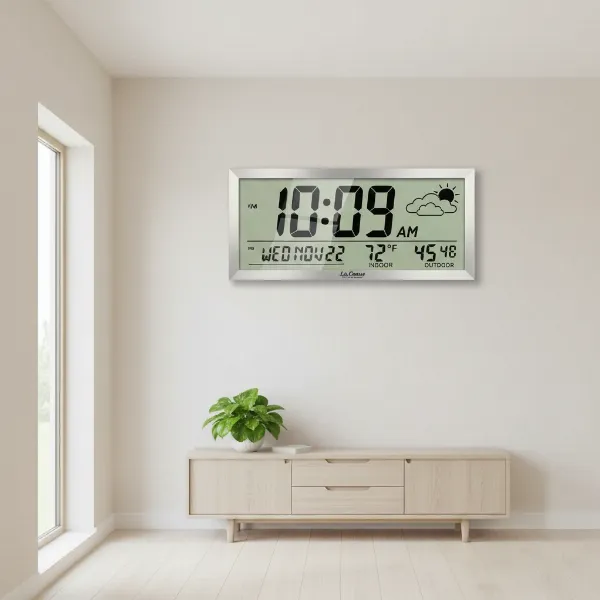 Large digital atomic clock with weather station features, displaying time, date, and outdoor temperature.