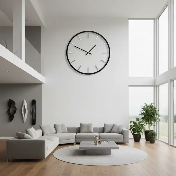 A large minimalist wall clock above a sofa in a modern living room.