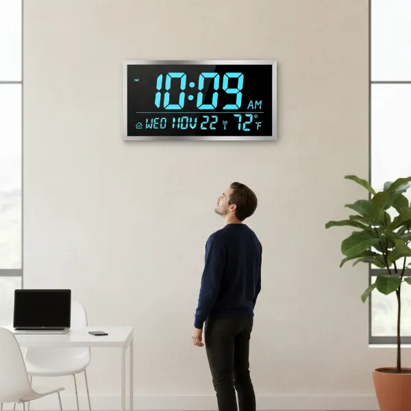Marathon Jumbo Atomic Digital Wall Clock on wall in modern office, easy to read.